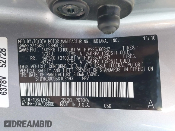 2011 Toyota Sienna XLE AAS with VIN 5TDYK3DC9BS103193, listed as a IAAI auction lot 41073036 with 175,474 mi miles and . Bid and sale history available at DreamBid. Image 9.