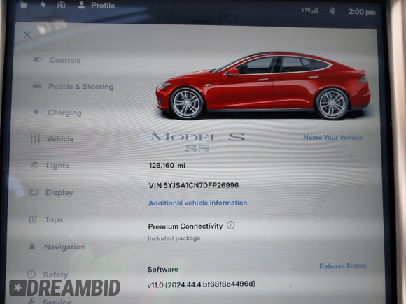 2013 Tesla Model S with VIN 5YJSA1CN7DFP26996, listed as a IAAI auction lot 42244540 with 128,160 mi miles and . Bid and sale history available at DreamBid. Image 7.