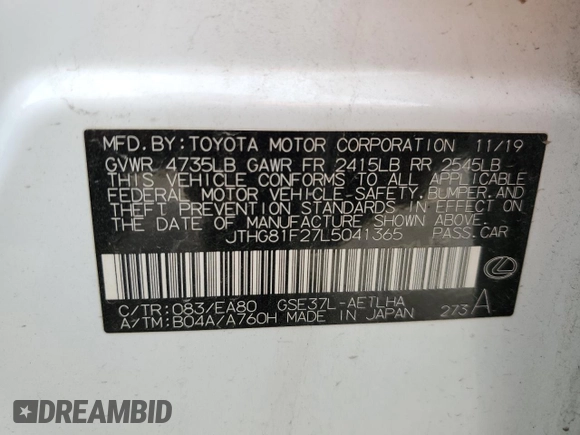 2020 Lexus IS 300 F Sport with VIN JTHG81F27L5041365, listed as a Copart auction lot 49828715 with 66,119 mi miles and Salvage title. Bid and sale history available at DreamBid. Image 14.