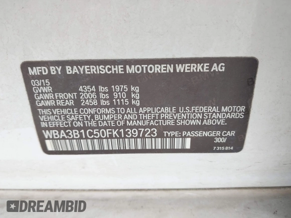 2015 BMW 3 Series 320i with VIN WBA3B1C50FK139723, listed as a IAAI auction lot 42035410 with 185,169 mi miles and . Bid and sale history available at DreamBid. Image 9.