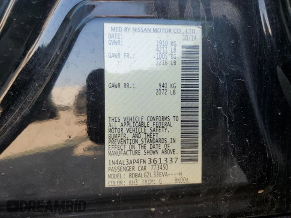 2015 Nissan Altima SL with VIN 1N4AL3AP4FN361337, listed as a Copart auction lot 56059045 with 105,081 mi miles and Salvage title. Bid and sale history available at DreamBid. Image 13.
