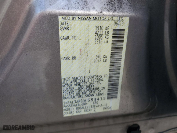 2013 Nissan Altima 2.5 SV with VIN 1N4AL3AP5DN583415, listed as a Copart auction lot 47461345 with 41,900 mi miles and Salvage Title. Bid and sale history available at carsss.com. Image 14.