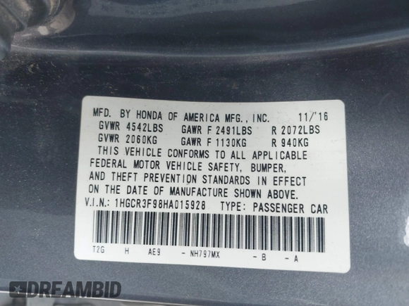 2017 Honda Accord Touring with VIN 1HGCR3F98HA015928, listed as a IAAI auction lot 42553437 with 168,902 mi miles and . Bid and sale history available at DreamBid. Image 9.