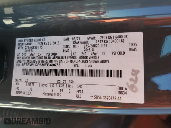 2021 Ford F-150 XL z VIN 1FTEW1CP6MFB40673, wystawiony jako Copart lot #49657215 z przebiegiem 54 083 mil mil oraz Nie do naprawy • Non repairable. Historia ofert i sprzedaży dostępna na DreamBid. Obrazek 15.