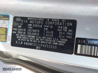 2015 Kia Sedona EX with VIN KNDMC5C11F6053533, listed as a IAAI auction lot 41892072 with 160,464 mi miles. Bid and sale history available at carsss.com. Image 9.