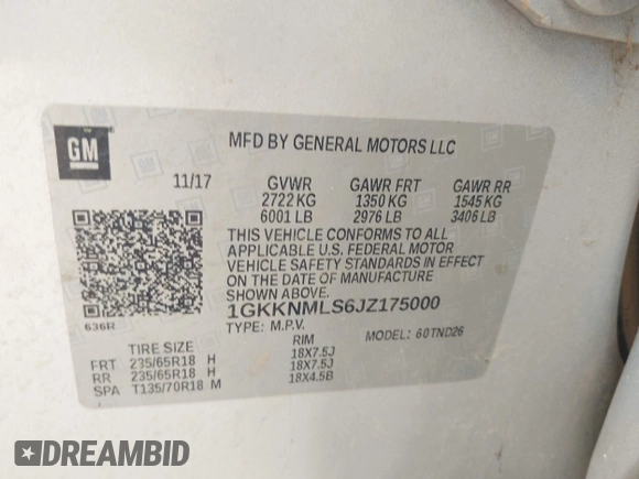 2018 GMC Acadia SLT with VIN 1GKKNMLS6JZ175000, listed as a IAAI auction lot 42136517 with 169,641 mi miles and . Bid and sale history available at DreamBid. Image 9.