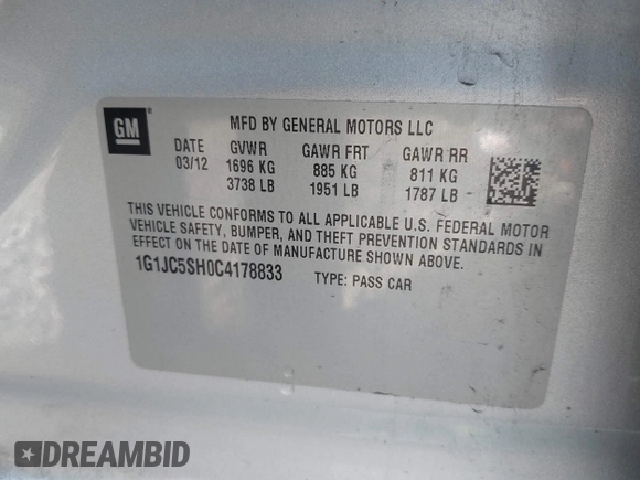 2012 Chevrolet Sonic LT with VIN 1G1JC5SH0C4178833, listed as a IAAI auction lot 41400504 with 163,356 mi miles and . Bid and sale history available at DreamBid. Image 9.