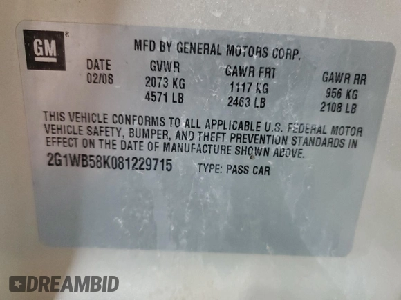 2008 Chevrolet Impala LS z VIN 2G1WB58K081229715, wystawiony jako Copart lot #75745984 z przebiegiem 174 920 mil mil oraz Czysty tytuł • Clean title. Historia ofert i sprzedaży dostępna na DreamBid. Obrazek 12.