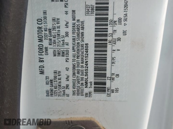 2022 Ford Transit Connect XL with VIN NM0LS6S24N1524808, listed as a Copart auction lot 47528915 with 61,029 mi miles and Salvage title. Bid and sale history available at DreamBid. Image 15.