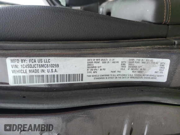 2021 Dodge Durango R/T with VIN 1C4SDJCT6MC610269, listed as a Copart auction lot 85412394 with Not provided miles and Non repairable. Bid and sale history available at DreamBid. Image 14.