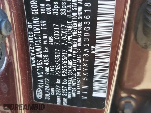 2013 Kia Sorento LX with VIN 5XYKT3A63DG361839, listed as a Copart auction lot 49459425 with Not provided miles and Salvage title. Bid and sale history available at DreamBid. Image 13.