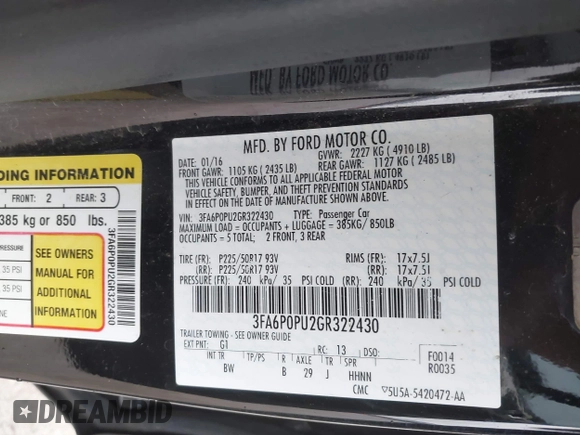 2016 Ford Fusion Energi SE Luxury with VIN 3FA6P0PU2GR322430, listed as a IAAI auction lot 42038508 with 114,980 mi miles. Bid and sale history available at carsss.com. Image 9.