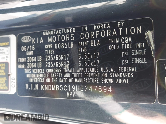 2017 Kia Sedona LX with VIN KNDMB5C19H6247894, listed as a IAAI auction lot 42069958 with 159,543 mi miles and . Bid and sale history available at DreamBid. Image 9.