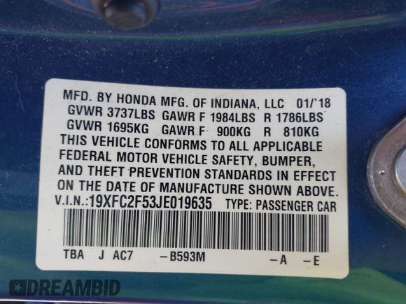 2018 Honda Civic Sedan LX with VIN 19XFC2F53JE019635, listed as a IAAI auction lot 41537152 with 74,958 mi miles. Bid and sale history available at carsss.com. Image 9.