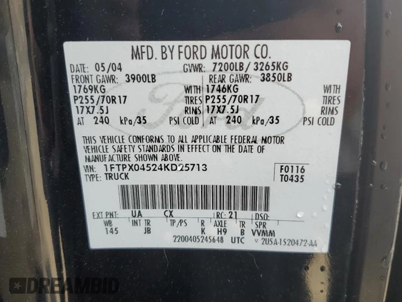 2004 Ford F-150 XLT z VIN 1FTPX04524KD25713, wystawiony jako Copart lot #55925515 z przebiegiem Nie podano mil oraz Szkoda całkowita • Salvage title. Historia ofert i sprzedaży dostępna na DreamBid. Obrazek 12.
