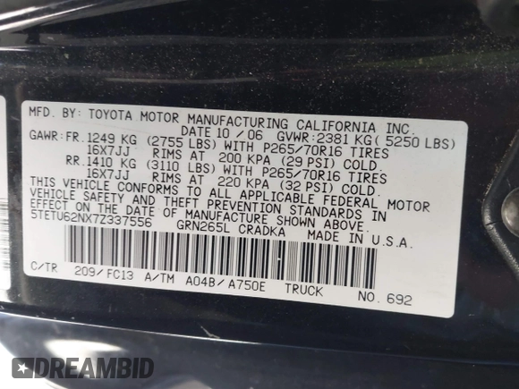 2007 Toyota Tacoma PreRunner with VIN 5TETU62NX7Z337556, listed as a IAAI auction lot 41664640 with 196,171 mi miles. Bid and sale history available at carsss.com. Image 9.