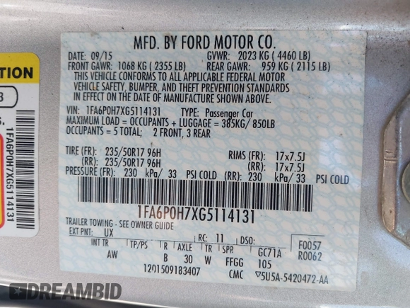 2016 Ford Fusion SE with VIN 1FA6P0H7XG5114131, listed as a IAAI auction lot 42160747 with 193,863 mi miles and . Bid and sale history available at DreamBid. Image 9.
