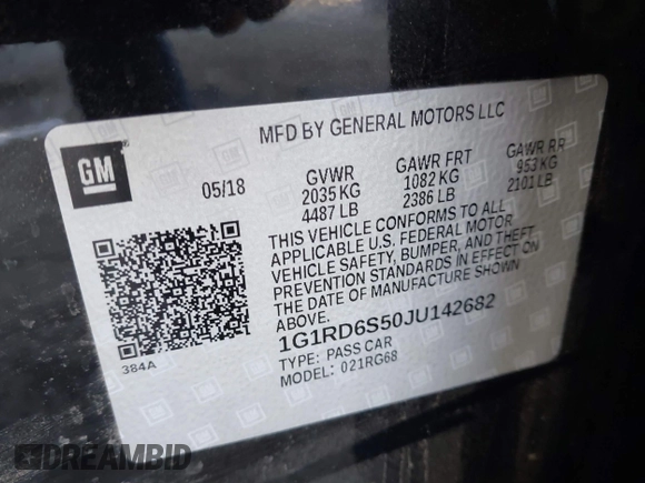 2018 Chevrolet Volt Premier with VIN 1G1RD6S50JU142682, listed as a IAAI auction lot 41837560 with 122,850 mi miles. Bid and sale history available at carsss.com. Image 9.