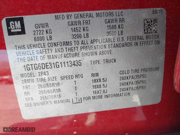 2016 GMC Canyon 4WD SLT with VIN 1GTG6DE31G1113435, listed as a IAAI auction lot 41804644 with 126,440 mi miles. Bid and sale history available at carsss.com. Image 9.