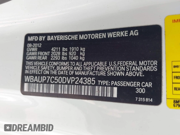 2013 BMW 1 Series 128i with VIN WBAUP7C50DVP24385, listed as a IAAI auction lot 41913737 with 46,217 mi miles and . Bid and sale history available at carsss.com. Image 9.