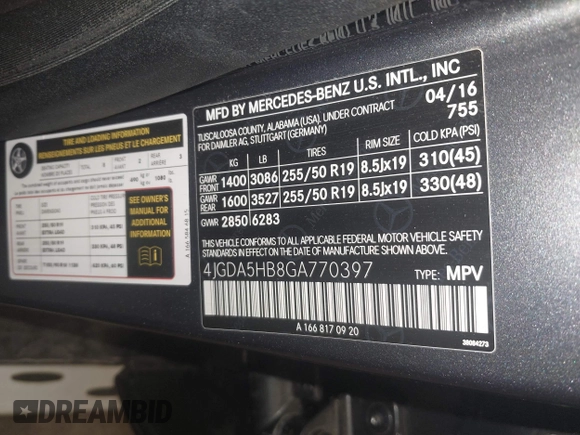 2016 Mercedes-Benz GLE 350 with VIN 4JGDA5HB8GA770397, listed as a IAAI auction lot 42281988 with 132,625 mi miles and . Bid and sale history available at DreamBid. Image 9.