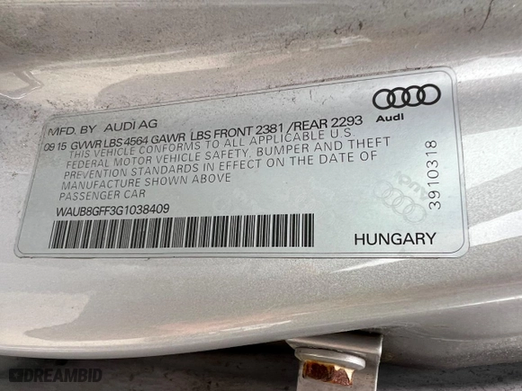 2016 Audi A3 2.0T Premium with VIN WAUB8GFF3G1038409, listed as a Copart auction lot 54254285 with 182,222 mi miles and Clean Title. Bid and sale history available at carsss.com. Image 10.