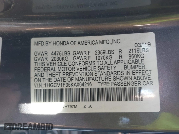 2019 Honda Accord Sport with VIN 1HGCV1F35KA064216, listed as a IAAI auction lot 42186703 with 127,865 mi miles and . Bid and sale history available at DreamBid. Image 9.