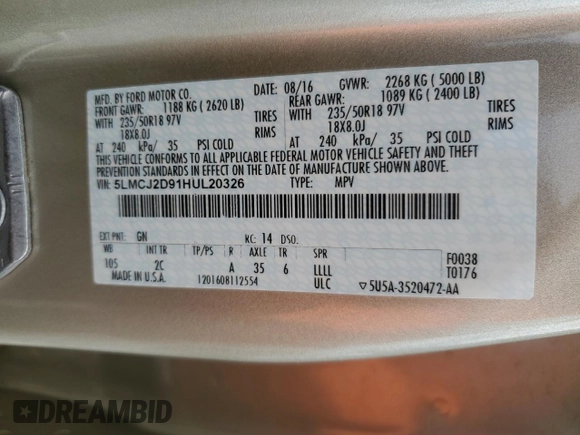 2017 Lincoln MKC Select with VIN 5LMCJ2D91HUL20326, listed as a Copart auction lot 55759715 with 52,352 mi miles and Salvage title. Bid and sale history available at DreamBid. Image 13.