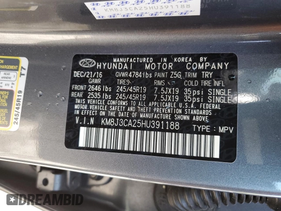 2017 Hyundai Tucson Limited z VIN KM8J3CA25HU391188, wystawiony jako Copart lot #55727215 z przebiegiem 56 616 mil mil oraz Szkoda całkowita • Salvage title. Historia ofert i sprzedaży dostępna na DreamBid. Obrazek 13.