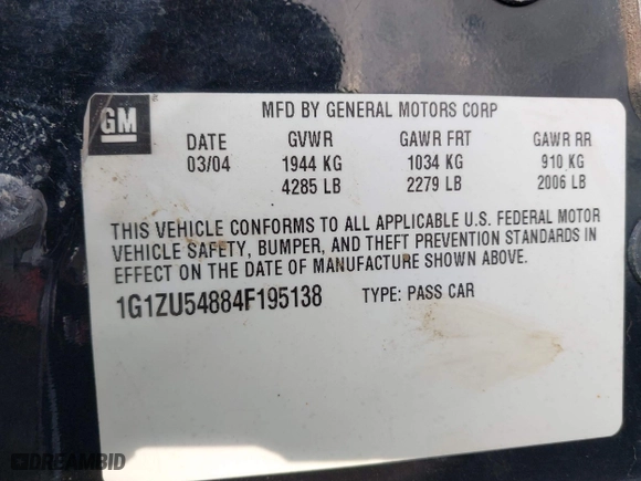 2004 Chevrolet Malibu LT with VIN 1G1ZU54884F195138, listed as a IAAI auction lot 41562060 with 240,773 mi miles. Bid and sale history available at carsss.com. Image 9.