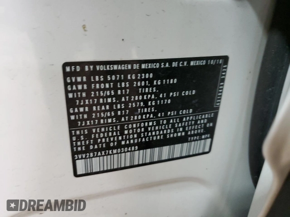 2019 Volkswagen Tiguan SE with VIN 3VV2B7AX7KM030489, listed as a Copart auction lot 52227895 with 58,446 mi miles and Salvage Title. Bid and sale history available at DreamBid. Image 15.