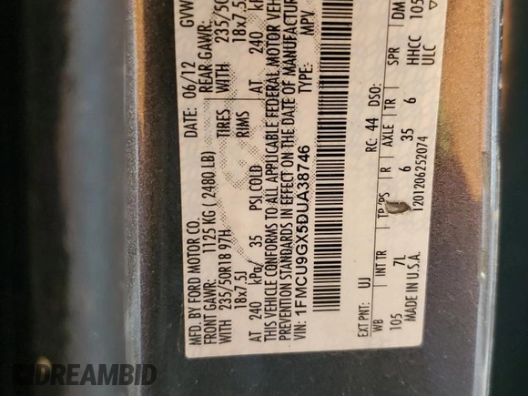 2013 Ford Escape SE с VIN 1FMCU9GX5DUA38746, выставлен на аукционе Copart как лот 56034105 с пробегом Не указан миль и Списание • Salvage title. История ставок и продаж доступна на DreamBid. Изображение 13.