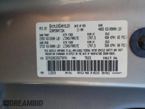 2005 Dodge Ram 2500 SLT with VIN 3D7KS28C25G770741, listed as a Copart auction lot 75347064 with 232,789 mi miles and Salvage Title. Bid and sale history available at carsss.com. Image 12.