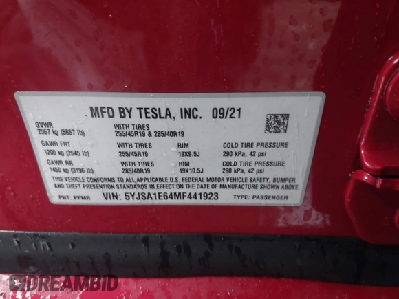 2021 Tesla Model S Plaid z VIN 5YJSA1E64MF441923, wystawiony jako IAAI lot #41465456 z przebiegiem Nie podano mil oraz . Historia ofert i sprzedaży dostępna na DreamBid. Obrazek 9.
