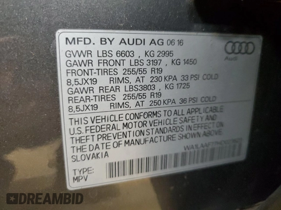 2017 Audi Q7 Premium Plus with VIN WA1LAAF77HD023620, listed as a Copart auction lot 46779325 with 124,722 mi miles and Salvage Title. Bid and sale history available at DreamBid. Image 15.
