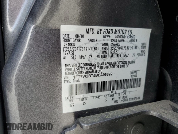 2011 Ford F-250 XL с VIN 1FT7W2BT5BEA96892, выставлен на аукционе Copart как лот 55018015 с пробегом 205 440 миль миль и Списание • Salvage title. История ставок и продаж доступна на DreamBid. Изображение 14.