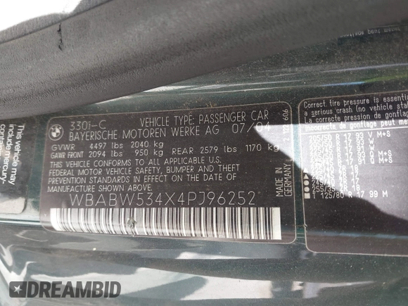 2004 BMW 3 Series 330Ci with VIN WBABW534X4PJ96252, listed as a IAAI auction lot 41893165 with 69,613 mi miles and . Bid and sale history available at carsss.com. Image 9.