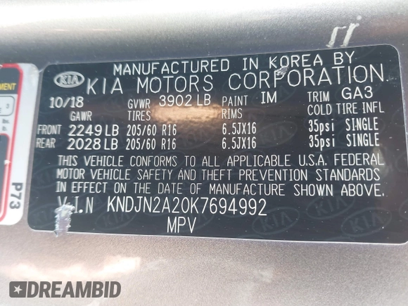 2019 Kia Soul with VIN KNDJN2A20K7694992, listed as a IAAI auction lot 41770801 with 82,546 mi miles. Bid and sale history available at carsss.com. Image 9.