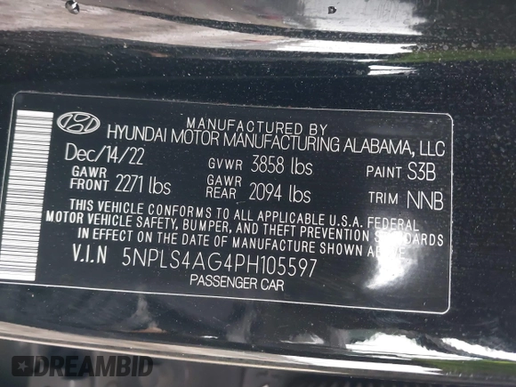 2023 Hyundai Elantra SEL with VIN 5NPLS4AG4PH105597, listed as a IAAI auction lot 41723764 with 33,967 mi miles and . Bid and sale history available at DreamBid. Image 9.
