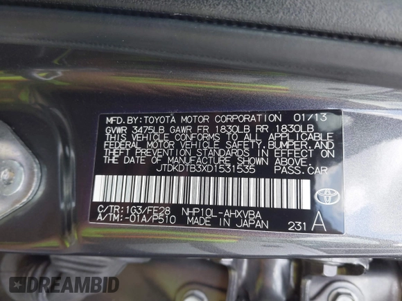 2013 Toyota Prius One with VIN JTDKDTB3XD1531535, listed as a IAAI auction lot 41723774 with 135,518 mi miles. Bid and sale history available at carsss.com. Image 9.