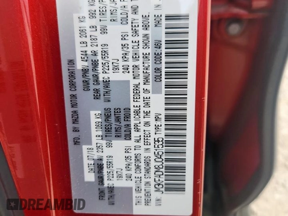 2018 Mazda CX-5 Grand Touring with VIN JM3KFADM8J0451535, listed as a Copart auction lot 59990435 with 77,163 mi miles and Salvage title. Bid and sale history available at DreamBid. Image 14.