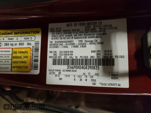 2016 Ford Fusion SE with VIN 3FA6P0HD4GR390825, listed as a Copart auction lot 61226795 with 180,980 mi miles and Salvage title. Bid and sale history available at DreamBid. Image 12.