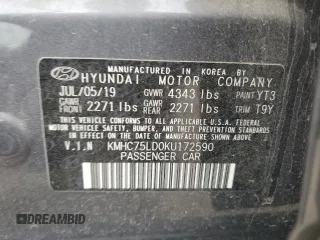 2019 Hyundai Ioniq Limited with VIN KMHC75LD0KU172590, listed as a Copart auction lot 60489925 with 45,059 mi miles and Salvage title. Bid and sale history available at DreamBid. Image 12.