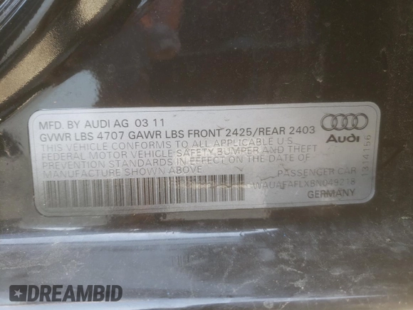 2011 Audi A4 Premium с VIN WAUAFAFLXBN049218, выставлен на аукционе Copart как лот 52808865 с пробегом 177 558 миль миль и Списание • Salvage title. История ставок и продаж доступна на DreamBid. Изображение 12.