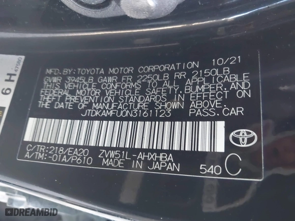 2022 Toyota Prius L Eco with VIN JTDKAMFU0N3161123, listed as a IAAI auction lot 41319184 with 1 mi miles. Bid and sale history available at carsss.com. Image 9.