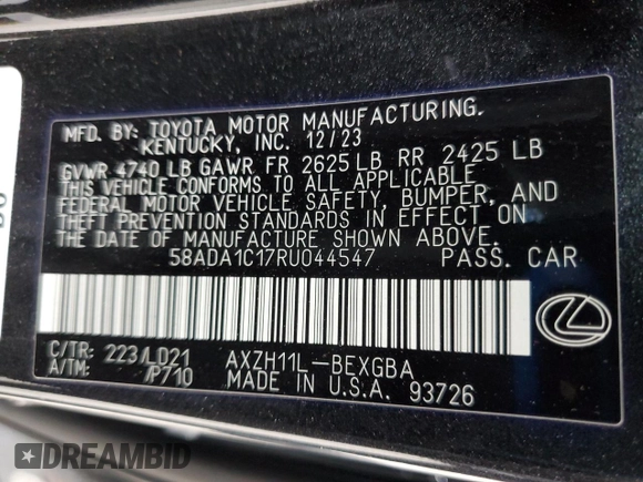 2024 Lexus ES 300h with VIN 58ADA1C17RU044547, listed as a Copart auction lot 58408345 with 39,568 mi miles and Salvage title. Bid and sale history available at DreamBid. Image 12.
