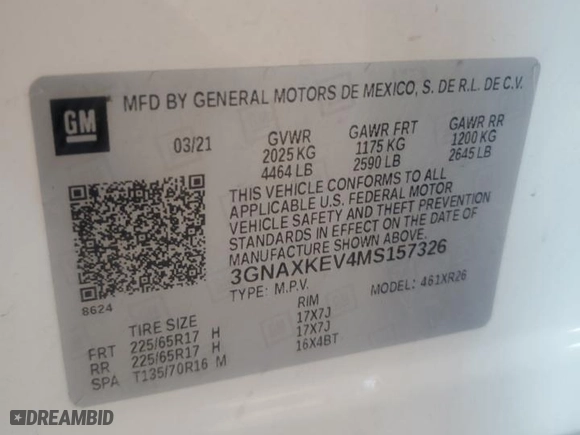 2021 Chevrolet Equinox LT with VIN 3GNAXKEV4MS157326, listed as a Copart auction lot 51991905 with 71,804 mi miles and Salvage Title. Bid and sale history available at carsss.com. Image 14.