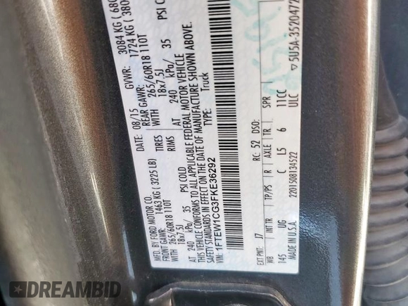 2015 Ford F-150 XL with VIN 1FTEW1CG3FKE36292, listed as a Copart auction lot 53103795 with 150,536 mi miles and Salvage Title. Bid and sale history available at carsss.com. Image 12.