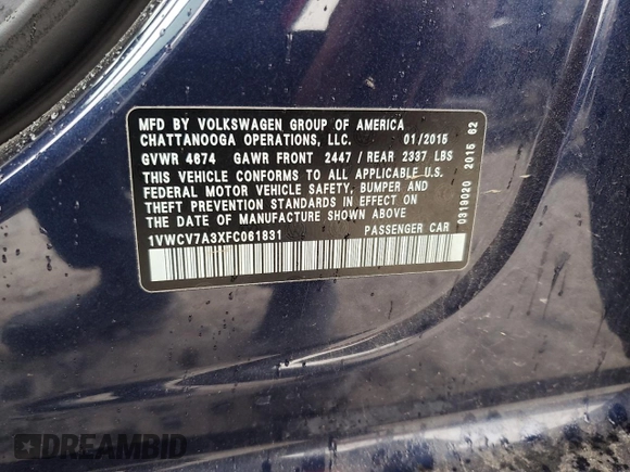 2015 Volkswagen Passat SEL Premium z VIN 1VWCV7A3XFC061831, wystawiony jako Copart lot #58438375 z przebiegiem 99 126 mil mil oraz Szkoda całkowita • Salvage title. Historia ofert i sprzedaży dostępna na DreamBid. Obrazek 12.