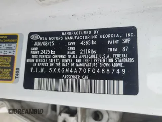 2015 Kia Optima LX with VIN 5XXGM4A70FG488749, listed as a Copart auction lot 57395825 with 176,592 mi miles and Salvage title. Bid and sale history available at DreamBid. Image 13.